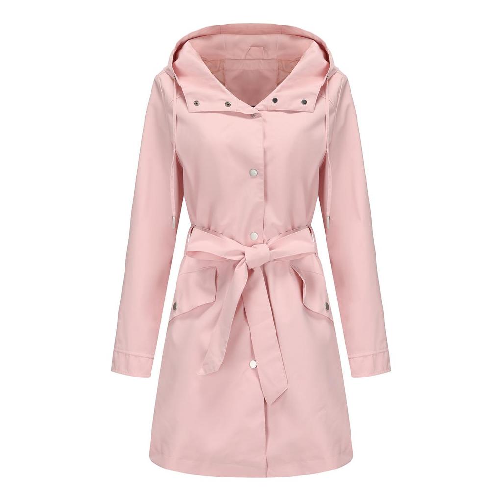 Women’s Hooded Windcheaters Polyester Waterproof Trench Coat Thin Loose Belt Button Up Windbreaker Spring Autumn Outdoor Wear Long Jackets