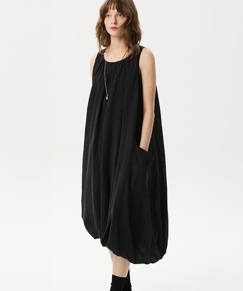 Mid And Row Balloon Sleeveless Dress(Black)