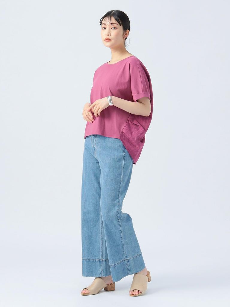 Beams Heart Back Mixed Material Crew Neck One Size S/S Tee, Tuck, Pullover, Women's, Berry,