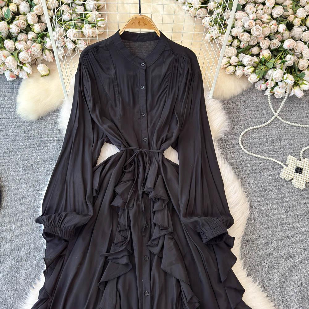 Jemný styl Temperament Bublinkové rukávy Stojáček Stahovaný pas Áčkový střih Volánový okraj Šifonové šaty Elegantní Velká kolová Dlouhé šaty