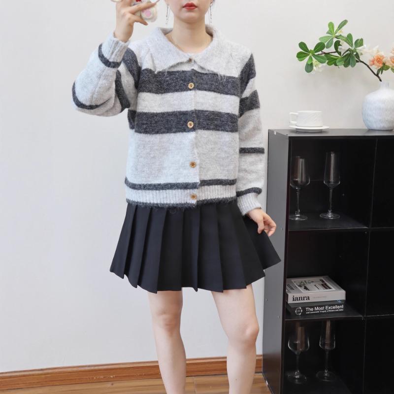 Contrasting striped lapel knitted cardigan autumn and winter new short loose lazy soft waxy sweater jacket women