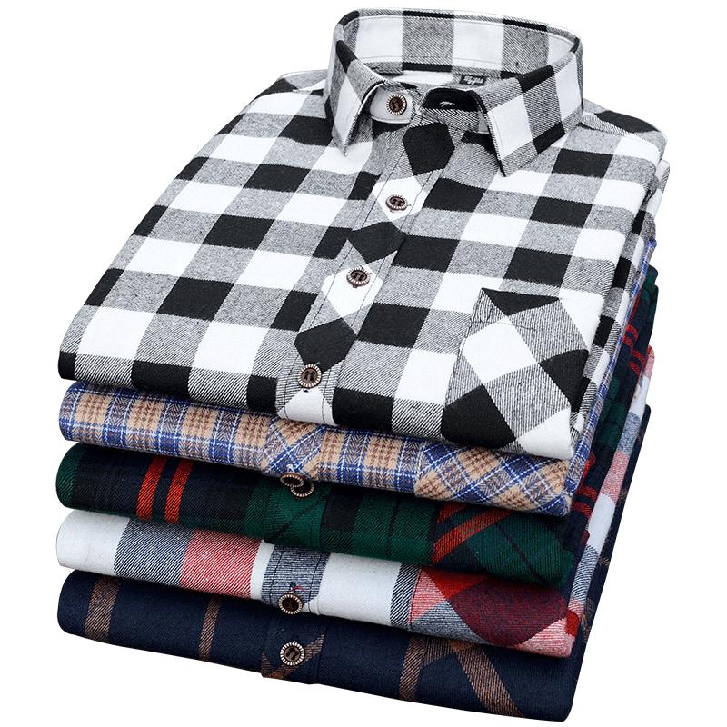 Classic Plaid Casual Shirts for Men Long Sleeve Sueded Warm with Chest Pocket