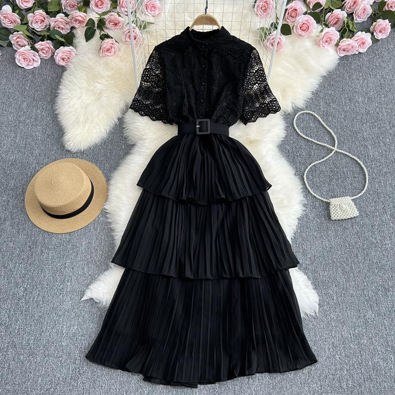 Women Summer Retro Solid Pleated Hollow Elegant Tiered Dress Spring Lace Short Sleeve Long High Waist Dresses