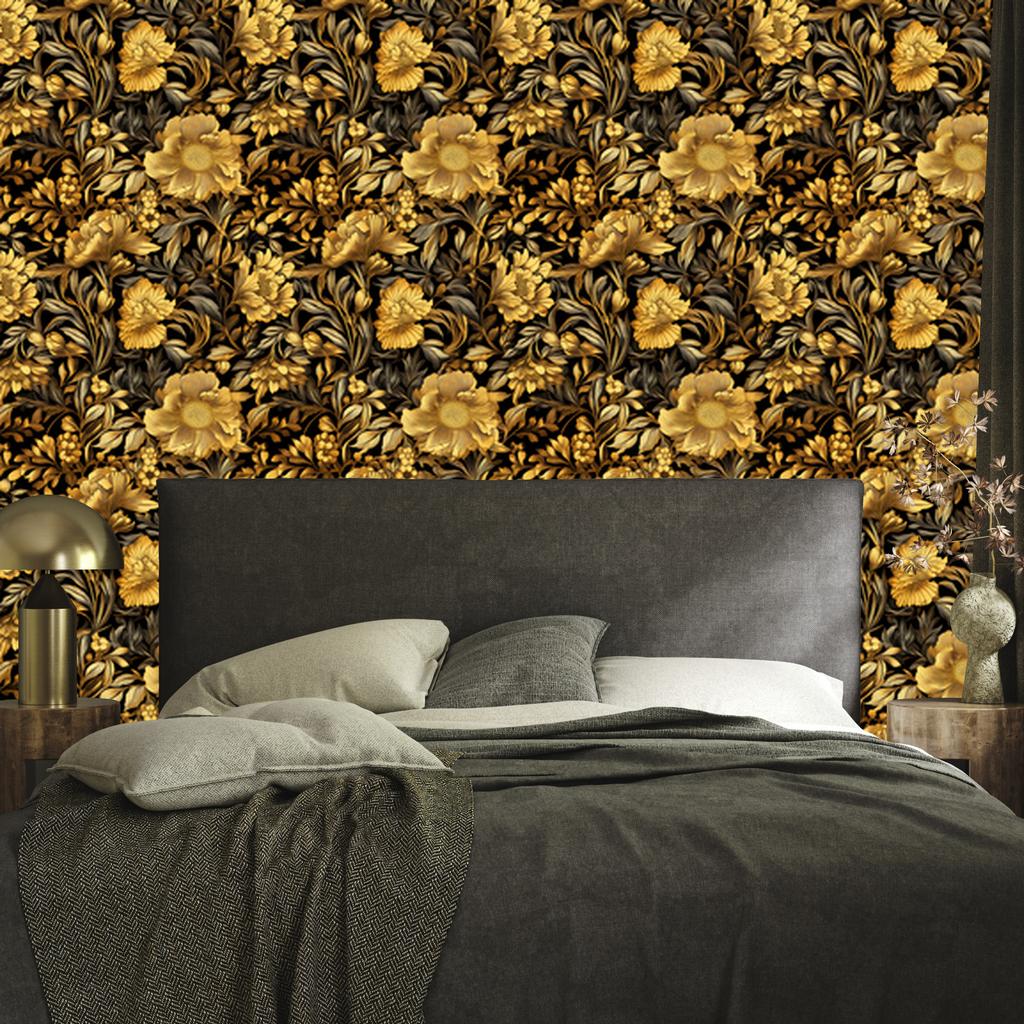 Golden Hibiscus Wallpaper Ochre, Gold, Black and Cream 50x1000
