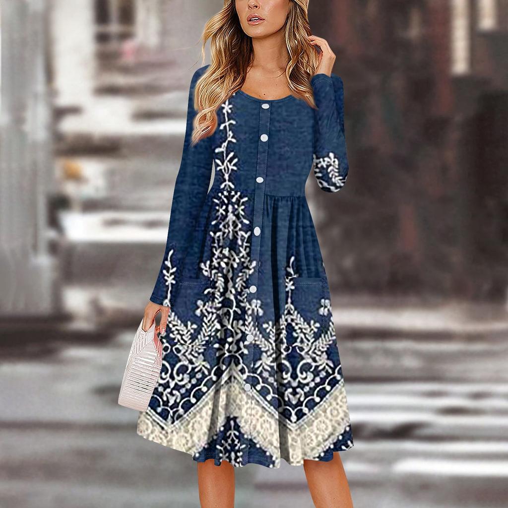 Women's Casual Fashion Sexy Comfortable Sundress Button Long Sleeves With Pockets Floral Print Dress