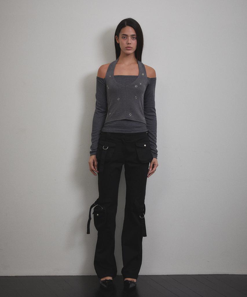 Bunteu Eyelet Halter Long Sleeve (Charcoal)