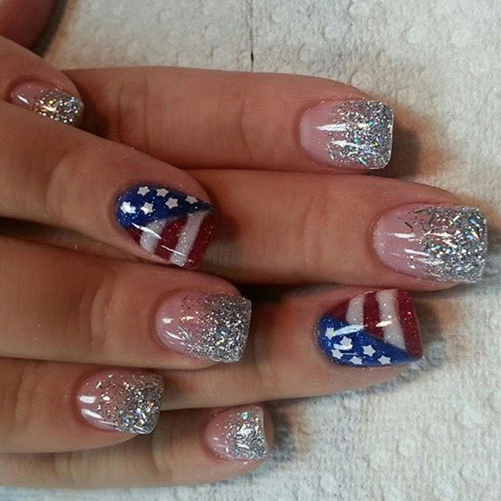 

July 4th Press On Nails Square American Flag Design False Nail Glitters French Full Cover Stick on Nail Manicure 24Pcs