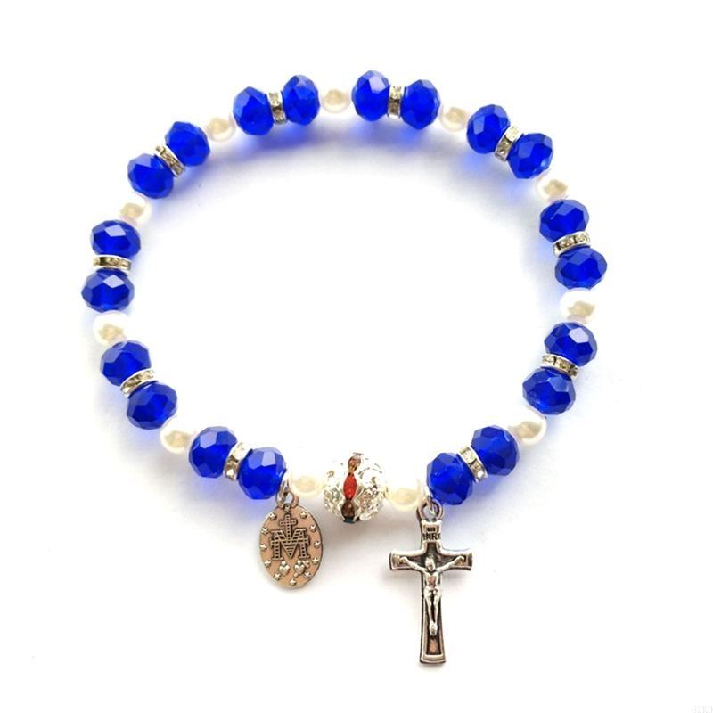 Bracelet Rosaire Extensible à Perles 62KD Religieux pour Bracelet Croix Perle de Cristal Vert