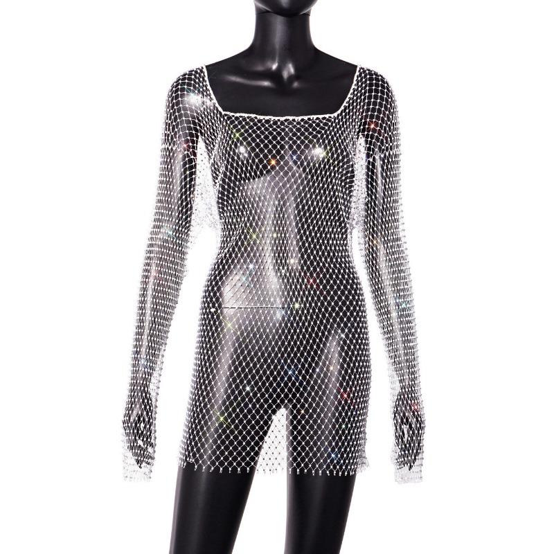 Dámské síťované šaty s dlouhým rukávem Sexy pikantní dívka s rybářskou sítí Dlouhá sukně