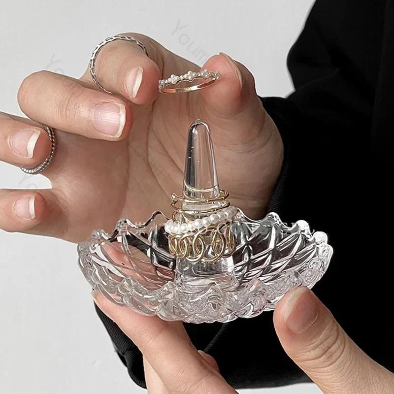 Creative Relief Glass Tray Light Luxury Dressing Table Jewelry Storage Trays Decorative Watch Plate Room Organization Tray