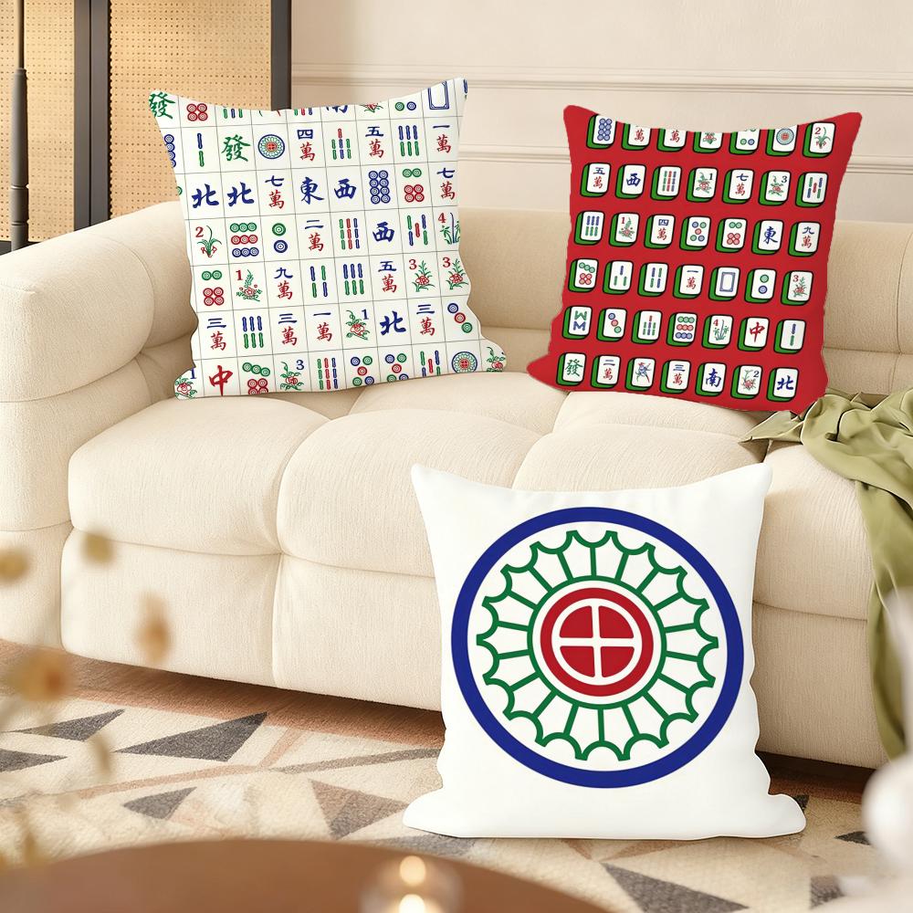 Fun Mahjong Cushion Cover Natural Linen Organic Fabric DoubleSided Printing Couch Pillow Covers Home Decor