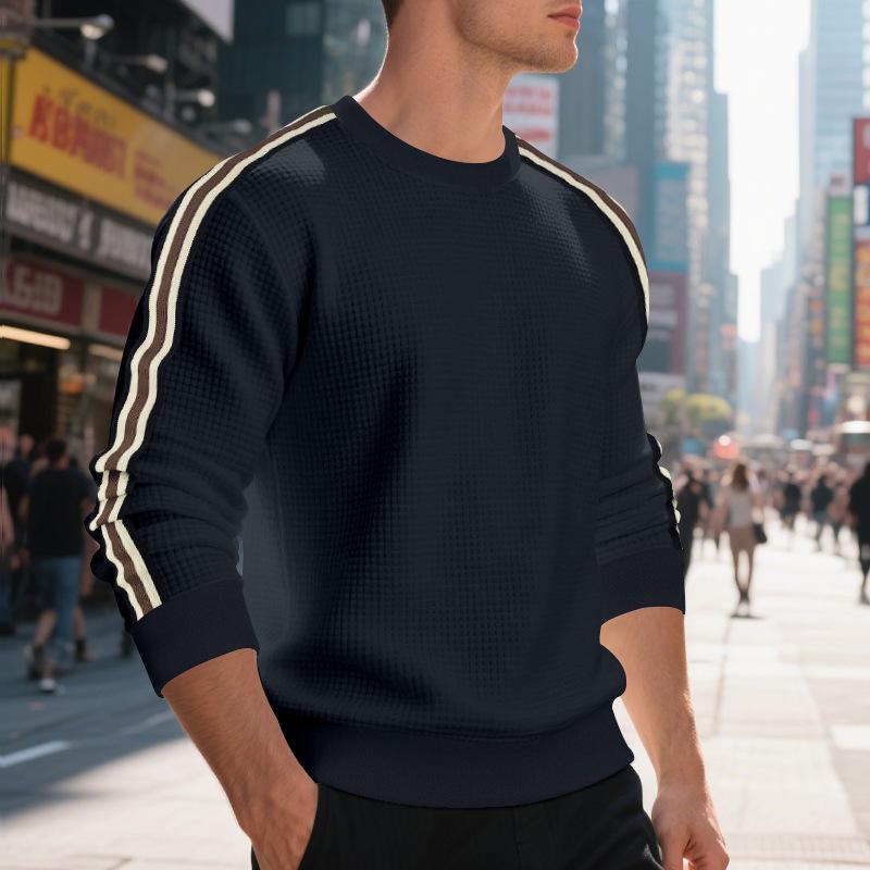 

Men s Waffle Knit Crewneck Sweatshirt with Striped Sleeve Detail in 7 Colors XXXL темно-синий