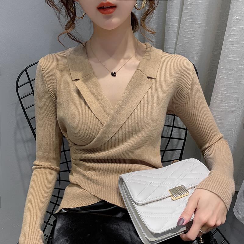 Suit Collar, Bottom Sweater for Women, Inner Wear, Autumn and Winter Slim-fitting Outer Wear, Pullover, Knitted Sweater, and Top, a Hair Girl.