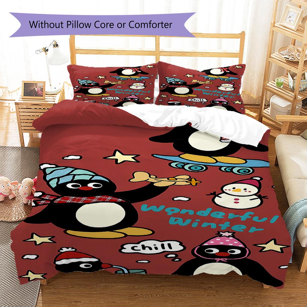 מצעי פינגווי, סט שמיכה כיסוי שמיכה ציפית לציפית מתנת יום הולדת לבית (1 * כיסוי שמיכה + 2 * ציפות, ללא ליבה)