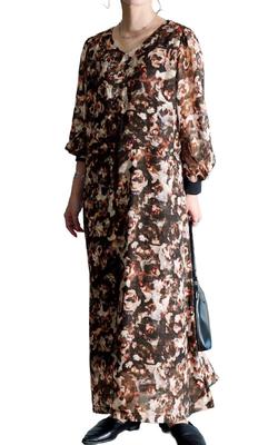 Gold Japan Plus Size Long Flared Floral Voluminous Perfect for Fall and Sizes Women's Dress, Sleeves, Print, Drawstring, V-Neck, Sleeves, Spring,