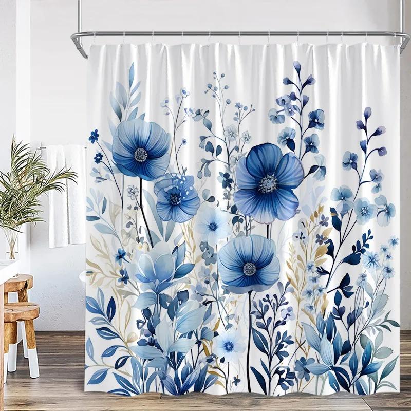 Blue Leaves Shower Curtain Watercolour Plant Eucalyptus Leaf Modern Simple Home Bathroom Decor Fabric Bath Curtains With Hooks