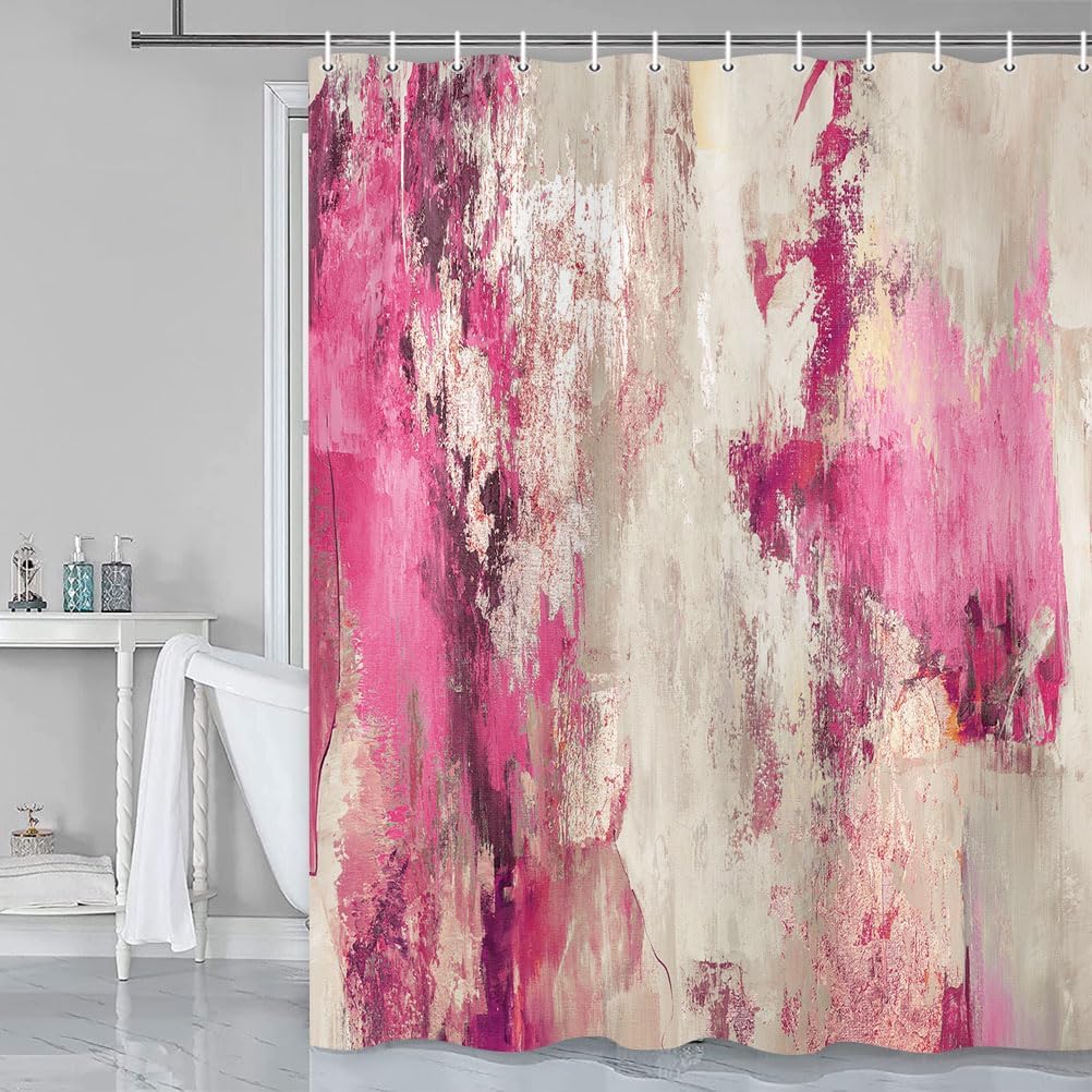 Abstract Blue Shower Curtain for Bathroom, Beige and Gold Yellow Shower Curtains, Modern Painting Farmhouse Aesthetic Polyester
