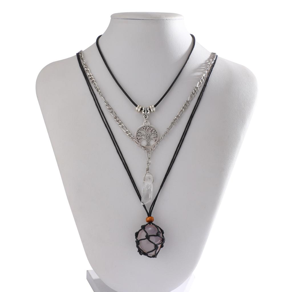 PuRui Vintage Natural Stone Beads Pendent Necklace for Women Crystal Charm Multilayer Rope Choker Neck Chain Zircon Party Girls