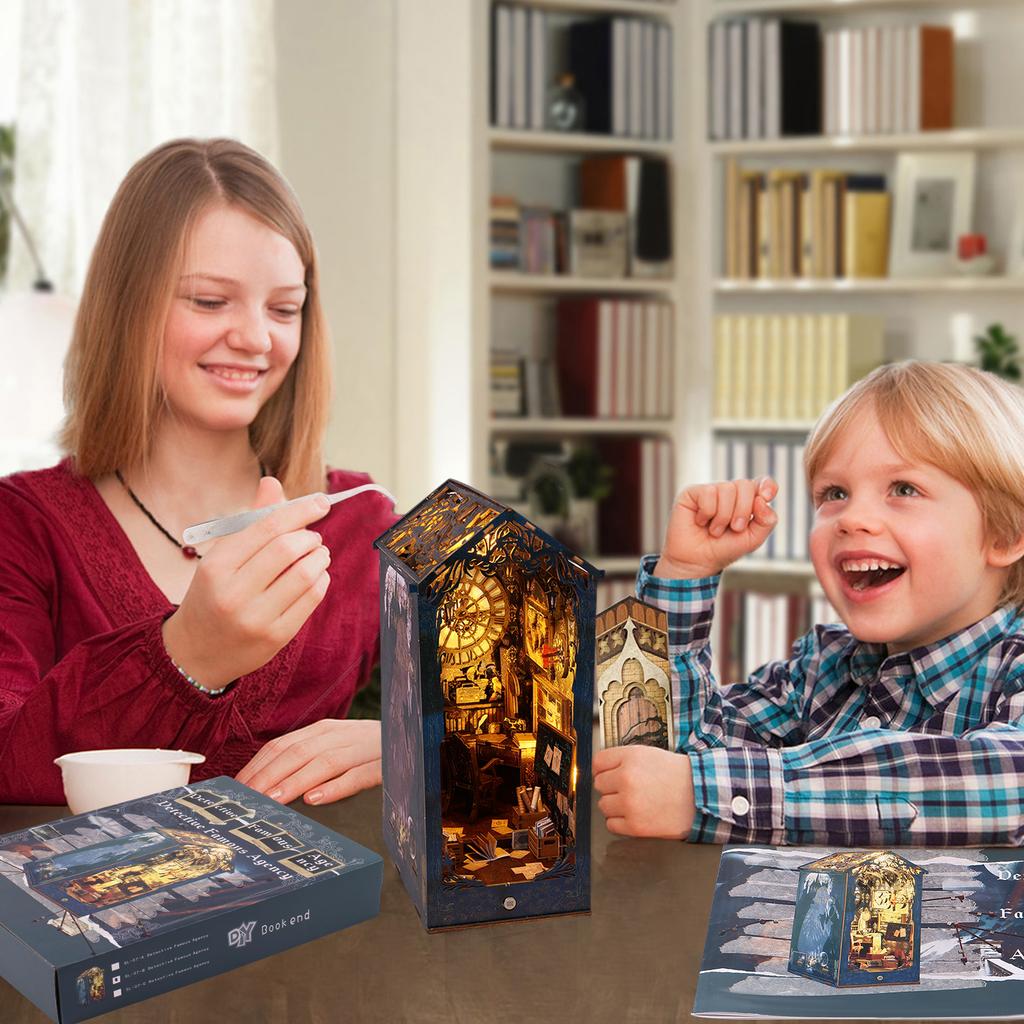 DIY Book Nook Kit 3D Vintage Miniature Bookshelf Scene Wooden Puzzle Bookshelf Decor with LED Light Miniature Dollhouse Model