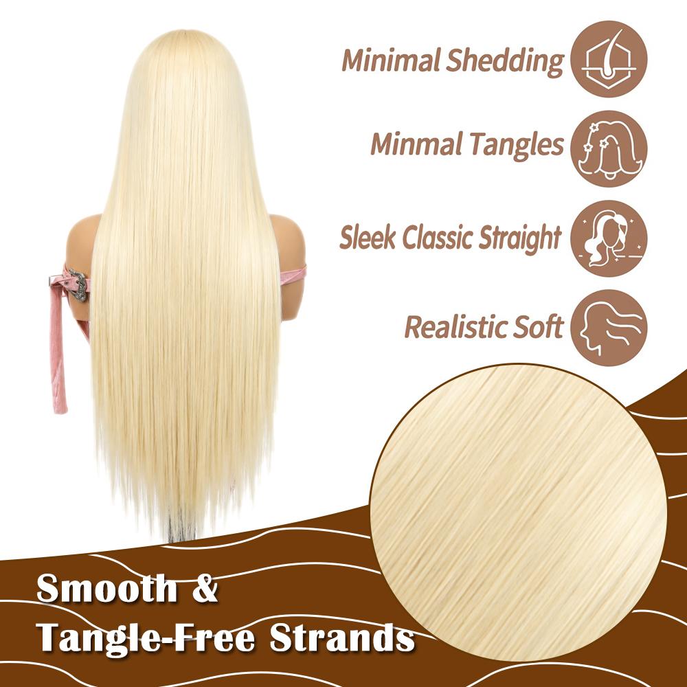 **13x4 Platinum Blonde Lace Front Wig, 24" Straight Heat‑Resistant Synthetic Glueless Wig with Baby Hairs Adjustable Straps for Women**