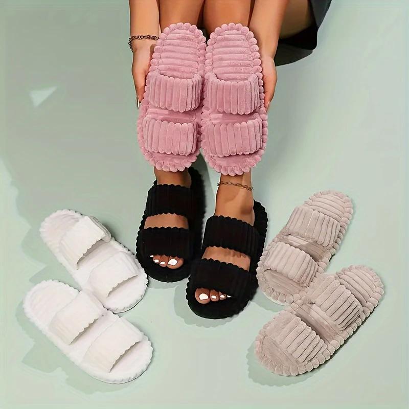 Fashion Corduroy Cross Strap Home Slippers Men Soft Warm Flat Slides Women Family Indoor Fashion Concise Plush Sandals for Four Seasons