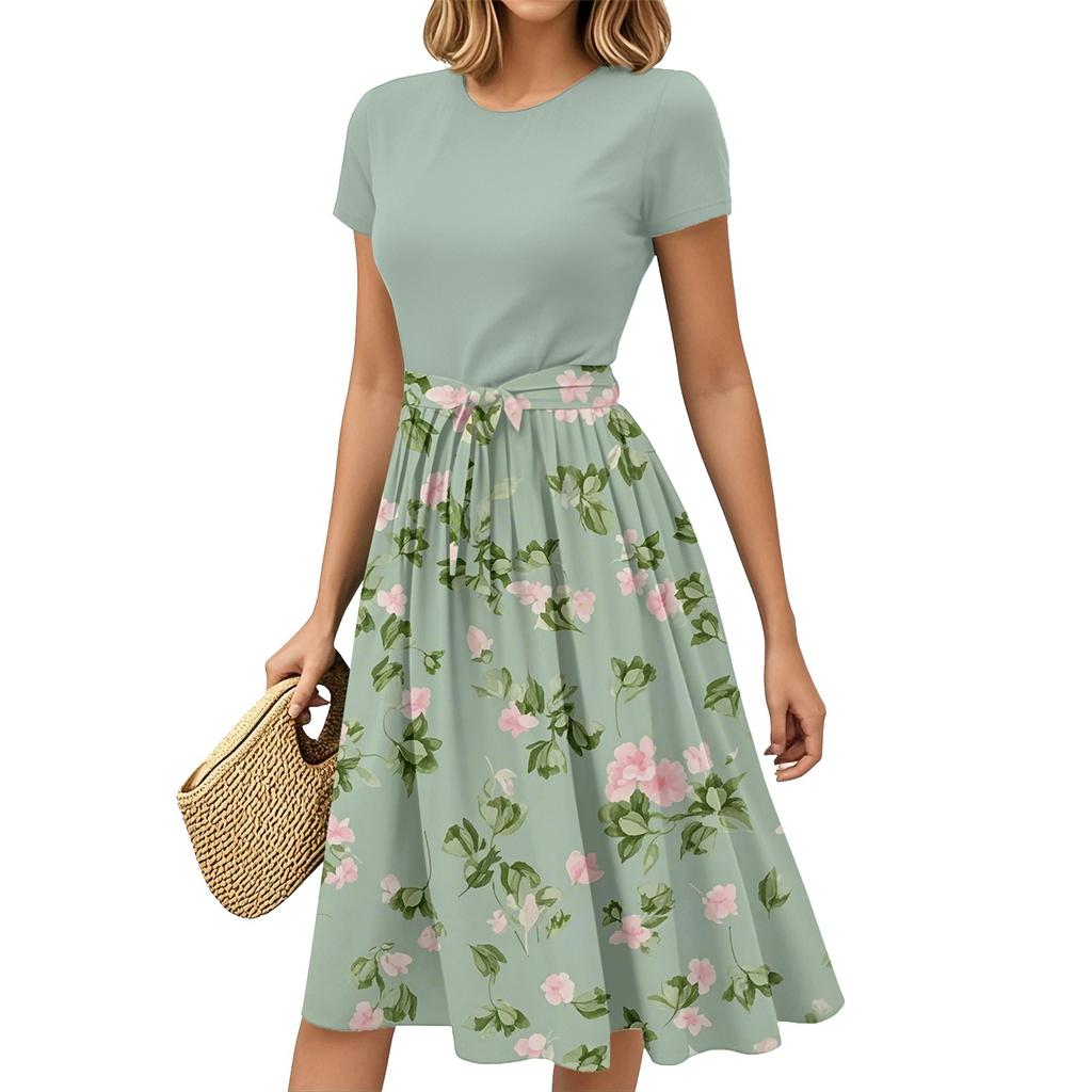 Women's Fashion Casual Belt Short Sleeve Round Neck Geometric Printing Splicing Elegant Temperament Dresses