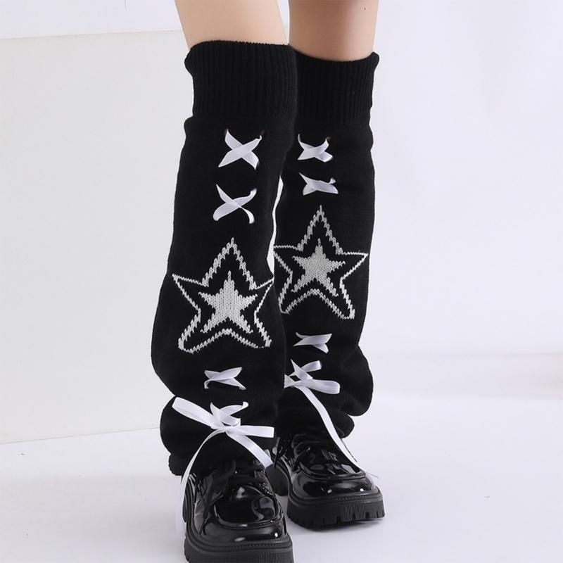 Women's Punk Star Pattern Knitted Leg Warmers with Ribbon Bows Flared Boot Covers Knee Length Socks Japanese Streetwear