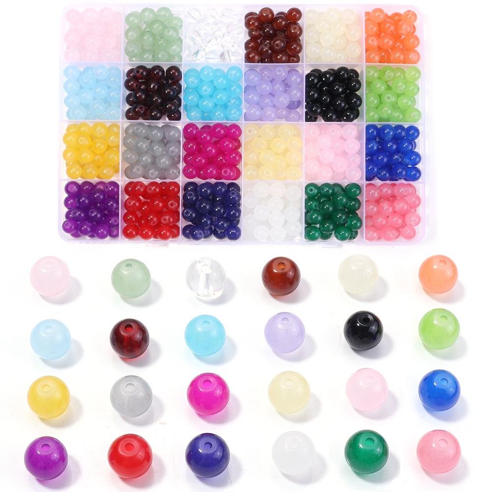 24 Grids 6/8mm Glass Beads Kit Round Loose Spacer Beads Jewelry Making Kit DIY Earrings Necklace Bracelet Beads Accessories 6mm 1200pcs