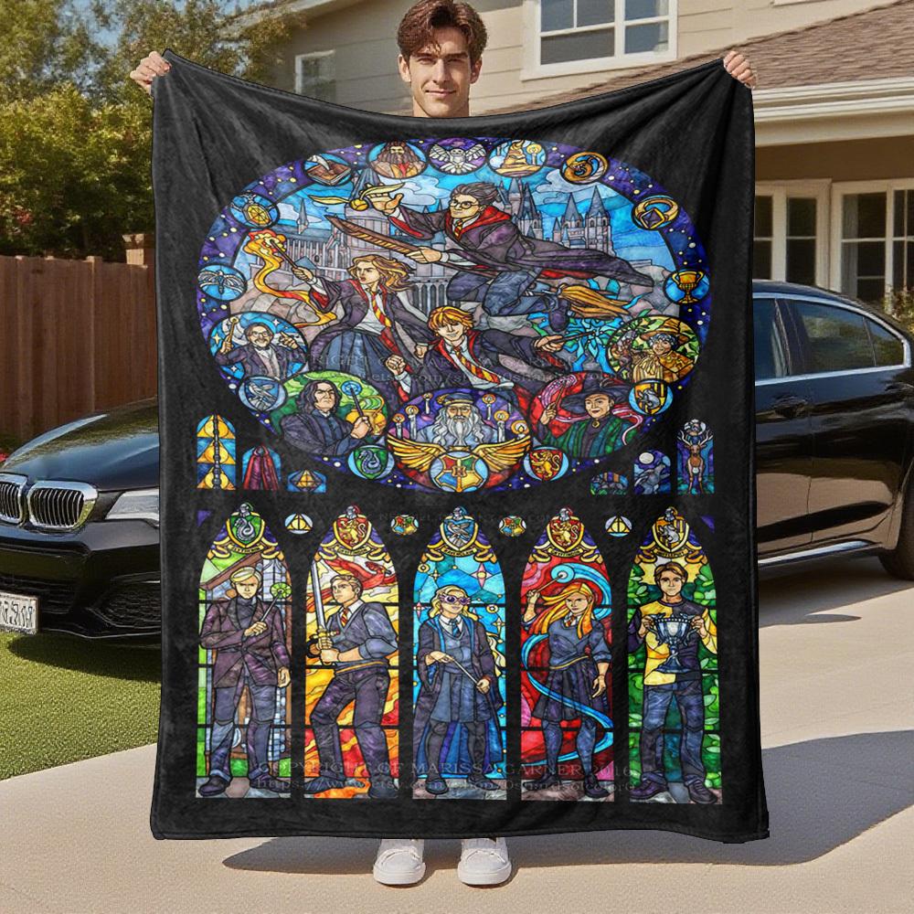 1pc Hogwarts Harry Potter Stained Glass Outdoor Flannel Throw Blanket All Season Soft Warmth,Home Decor 1031206