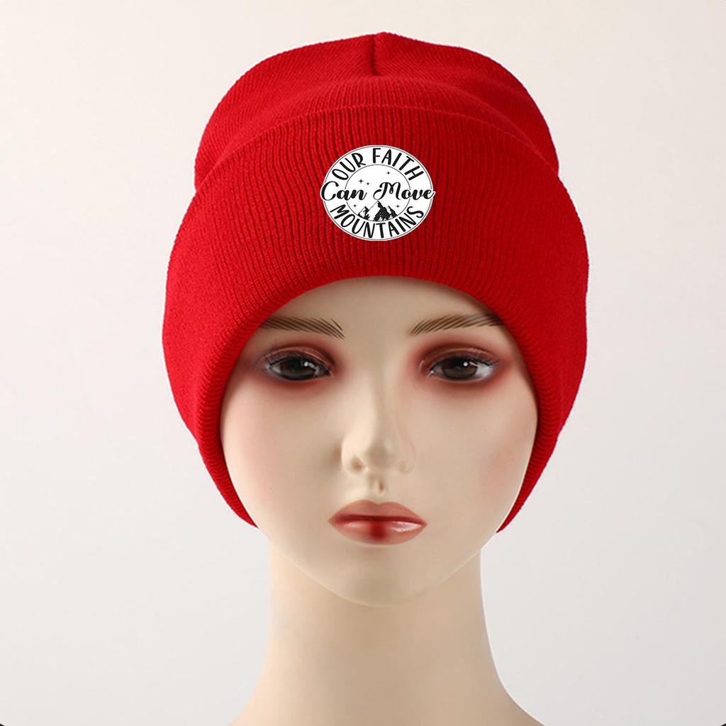 FAITH MOVE MOUNTAINS" Print Knitted Hat Beanie, Text Skullies Beanies Fit Thermal Headwear Pompom Beanies Knit Cap Beanie