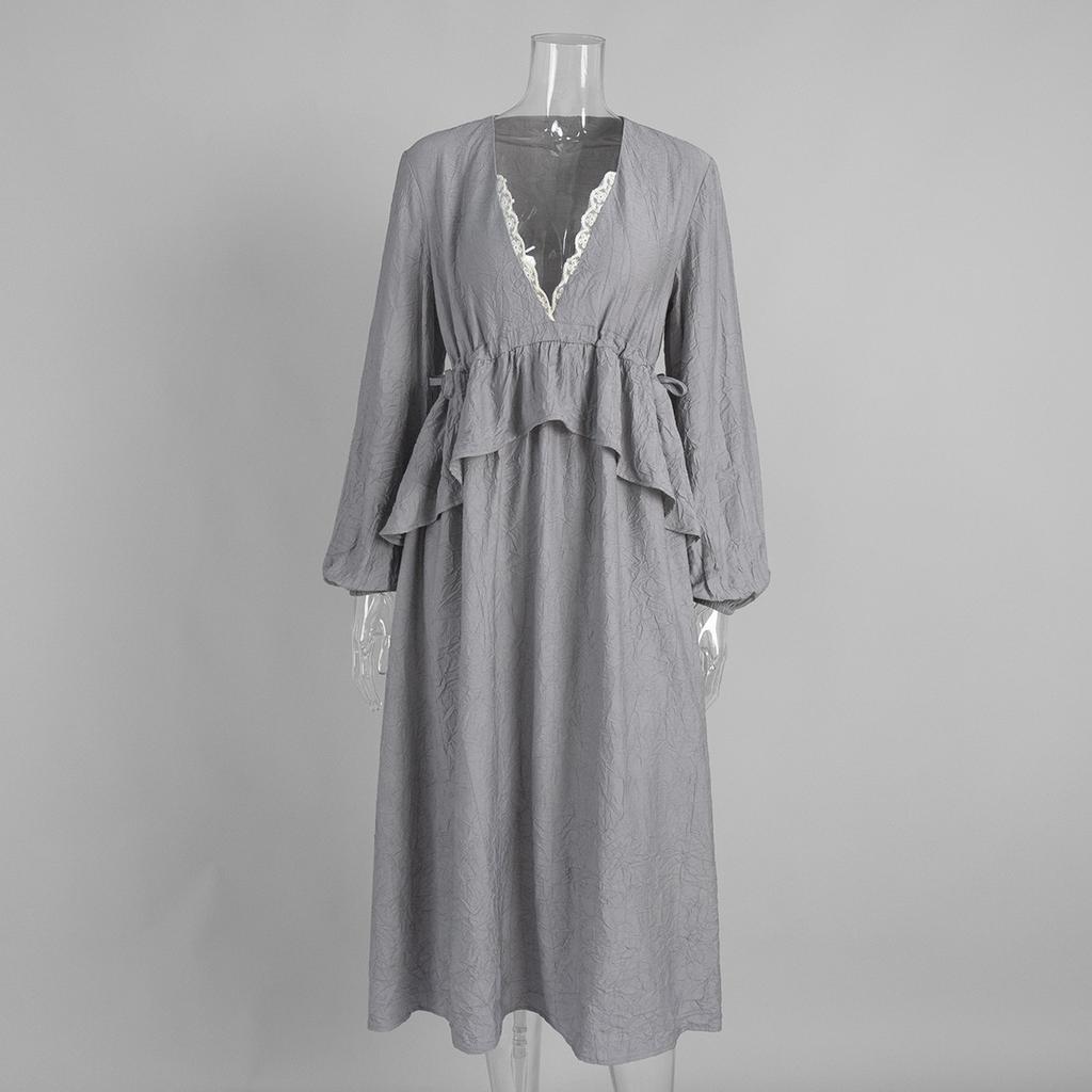 Pleated texture dress European and American spring and summer new lotus leaf edge lantern sleeve lace lace dress