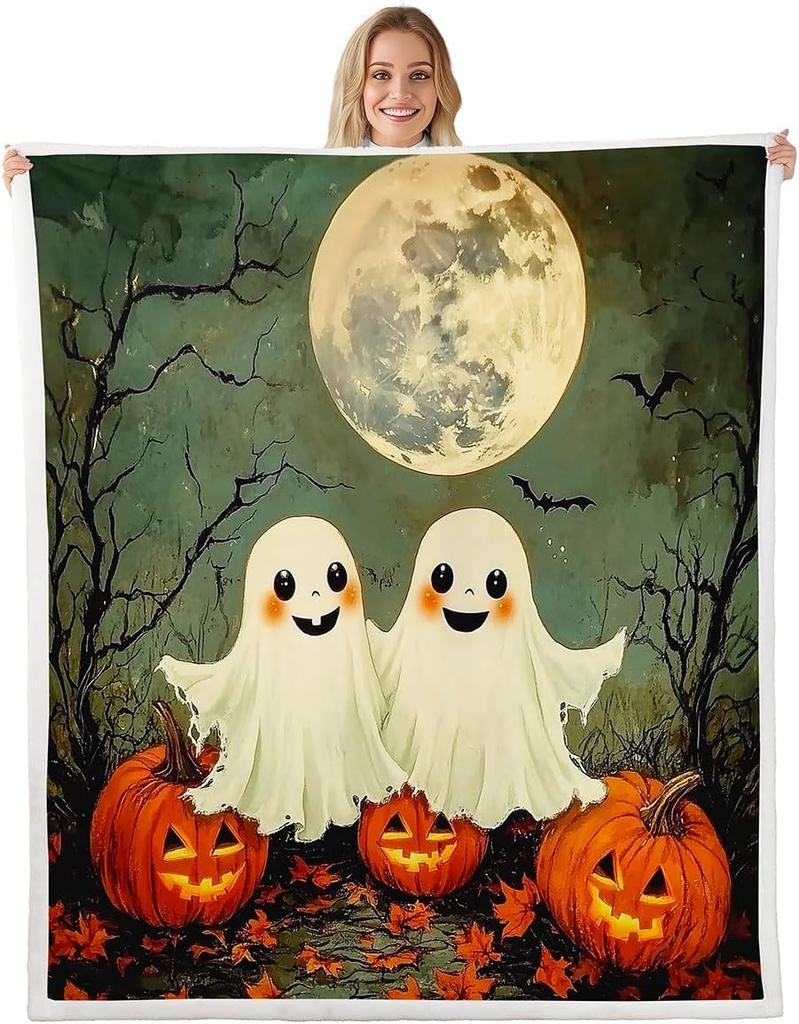 GUOYU Decke Happy Halloween Fleece-Decke Baby Kürbis Geist Feiertags Sherpa-Decke Gotische Fledermäuse Florale Pflanzen Flauschige Plüschdecke für Kinder