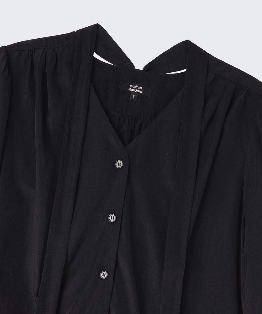 MUSINSA STANDARD WOMAN Women'S Volume Shirring Tie Blouse [Black]