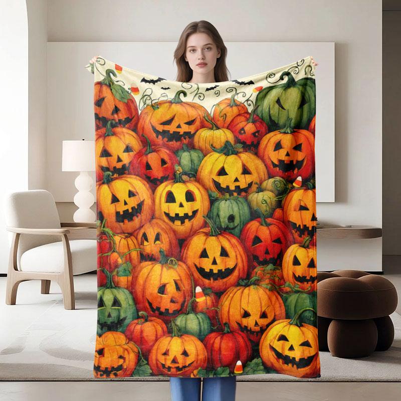 1 Piece Halloween Pumpkin Theme, Orange and Green Flannel Blanket, Soft, Suitable for Sofa, Bed, Office, All-season Use.