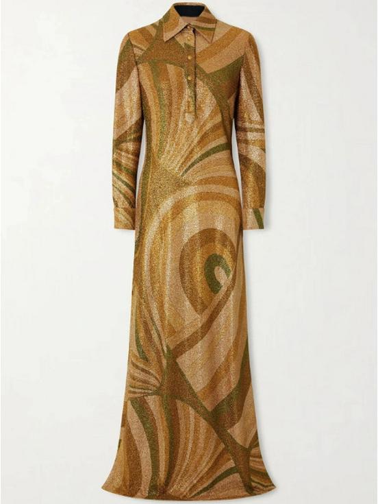 

2026 European & American Elegant Slim Fit Long Dress with Unique Print Large золотий