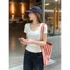 Korean Version of U-neck Slim-fit Top Women's Bottom Inner Shirt Summer Niche Basic Versatile T-shirt White Front Shoulder Short Sleeves