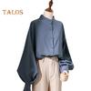 Women Shirt Stand Collar Lantern Long Sleeve Solid Color Shirt Loose Fit Single Breasted Office Lady Shirt