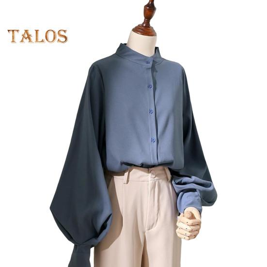 

Женская рубашка с воротником-стойкой и длинным рукавом, однотонная рубашка свободного кроя, однобортная офисная женская рубашка S синий