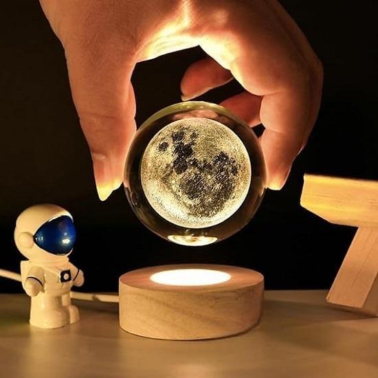 Moon Crystal Ball Night Light,h Glass Ball Night LED Lamp with Woodern Base,Decorations Gifts