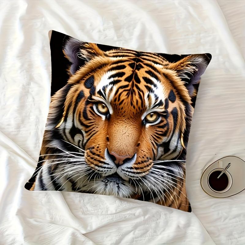 1Pc Tiger Staring Majestic Printed Throw Pillow Cover, Suitable For Sofa, Bedroom, Living Room, Cool Gift For Big Cat Lovers.