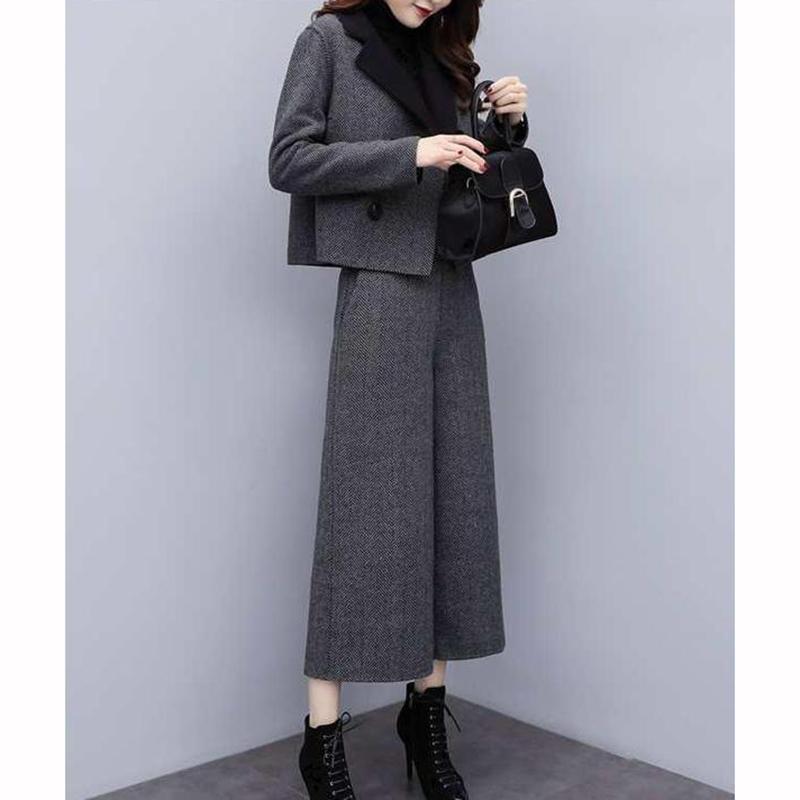 Pants Sets Two Piece Women Wool Cardigan Blazer Thick Button Wide Leg Pants Pockets Solid Casual Suits Outwear Winter