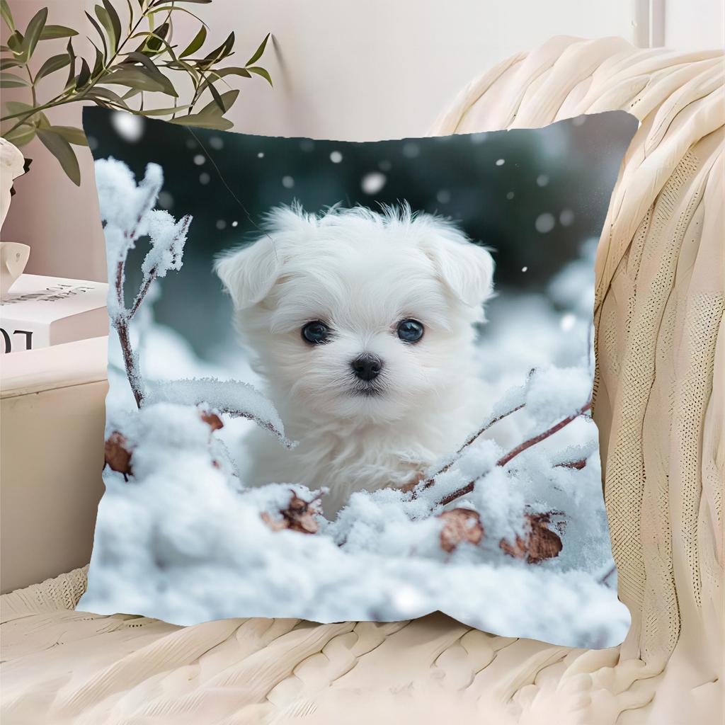 Cute White Puppy In Snow Pillowcase Fluffy Dog Cushion Cover Winter Animal Print Home Decor Cozy Living Room Sofa Throw Pillow