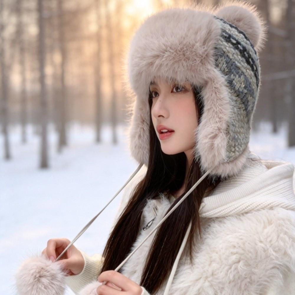 Pom Poms Knitted Trapper Hat 55-58cm Head Circumference Winter Hat Ushanka Hat Outdoor Activities