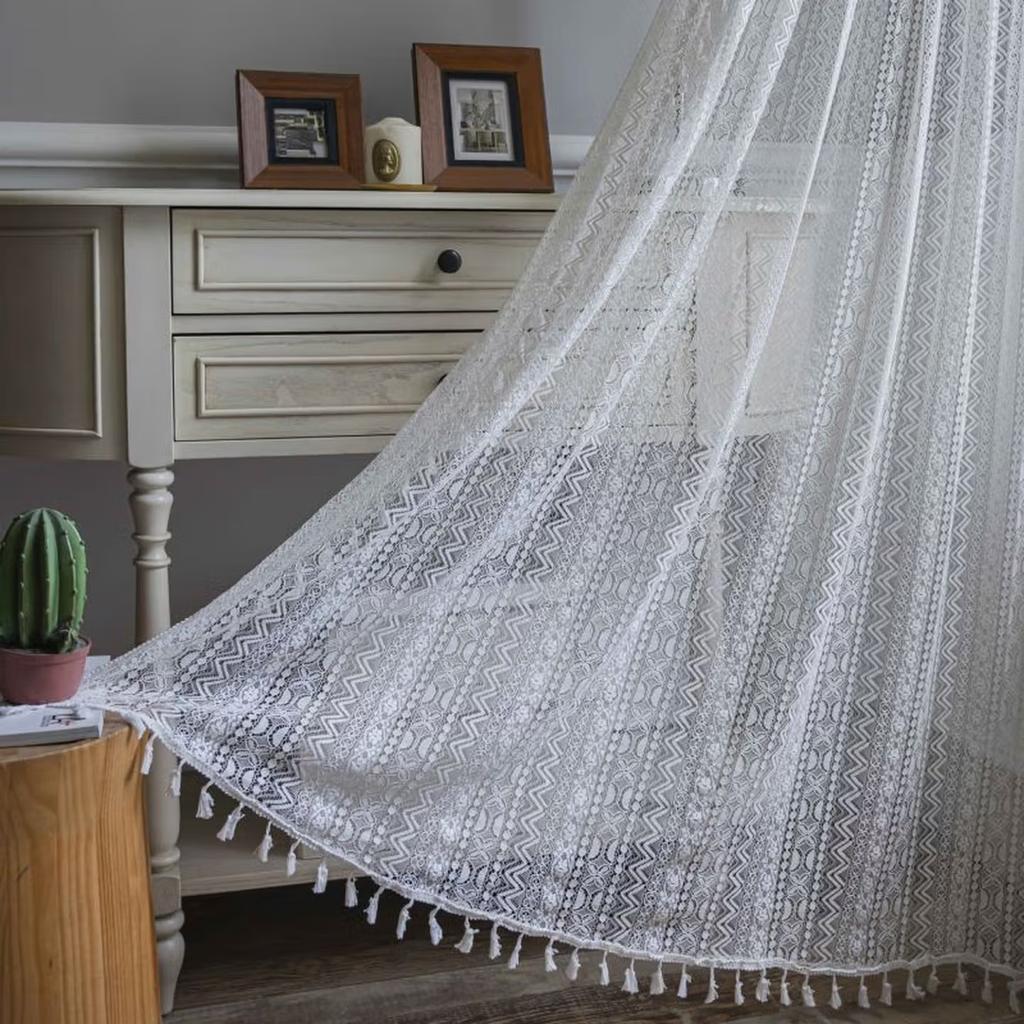 Vintage Geometric Wave Lace Curtain with Tassel, Romantic Semi Sheer Light Filtering Lace Drapes for Living Room Bedroom Kitchen, Multi-Size Available