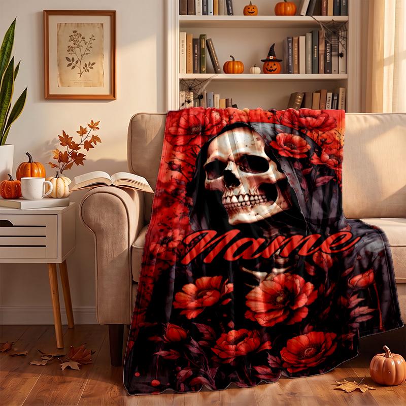 Flowers Skull Custom Flannel Blankets Soft Warm Cozy Throws for Home Decor Holiday Gifts