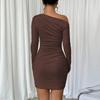Solid Color Slim Dress Autumn New Oblique Shoulder Long Sleeve Hip Skirt