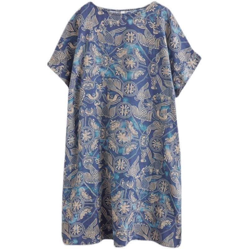 Dámské oblečení Literární a retro potisk Bavlna a len Šaty s krátkým rukávem Zakrývající maso a zeštíhlující Volné Středně dlouhé šaty