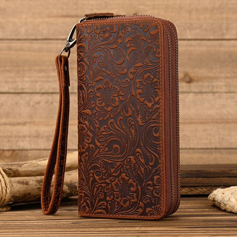 Men's Crazy Horse Leather Long Wallet Genuine Double Zipper Multi-Card Cowhide Clutch Large Capacity Phone Bag
