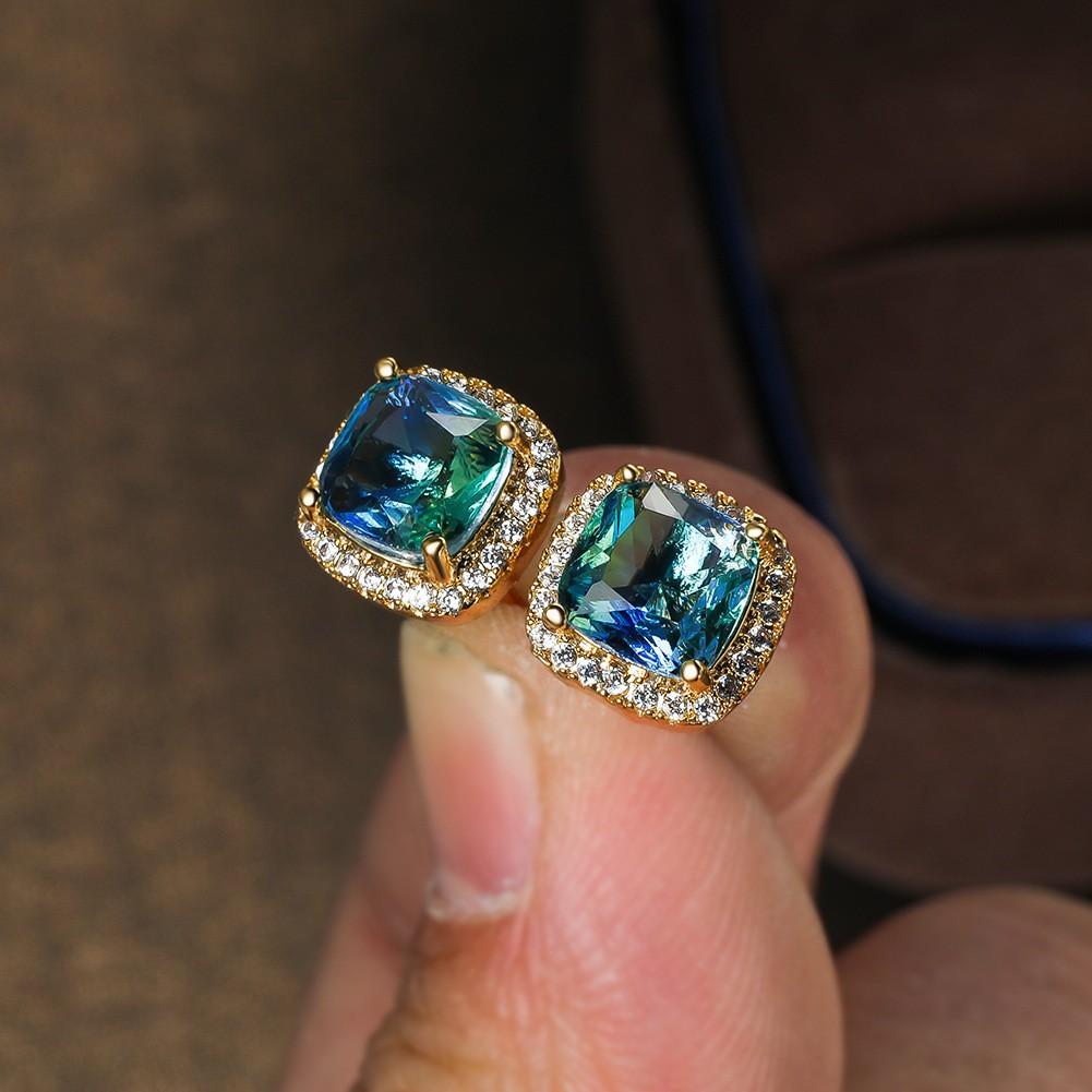 Popular Mini Square Group Set with Diamond Gradient Tourmaline Earrings and Ear Buckles