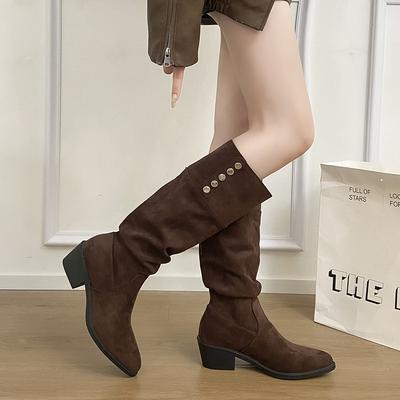 Bottes de cowboy western pour femmes 2025 automne et hiver nouvelles bottes pointues hautes bottes à boutons bottes de chevalier à talons empilés